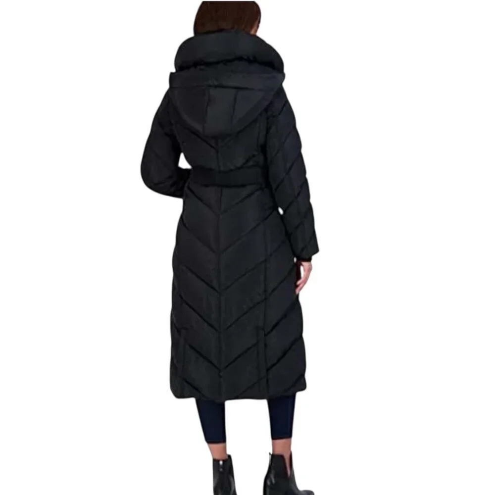 Steve Madden XS Women Pillow Collar Long Puffer Chevron Winter Coat Jacket Black